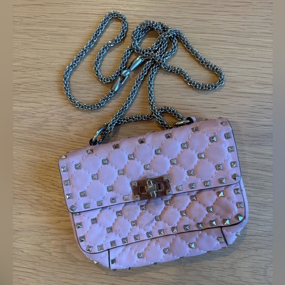 VALENTINO Light Pink Quilted Rockstud Clutch Chain Purse - Picture 1 of 8